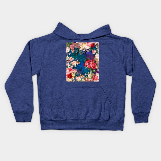 Elegant Vintage flowers and roses garden shabby chic, vintage botanical, pink floral pattern dark blue artwork over a T-Shirt Kids Hoodie by Zeinab taha